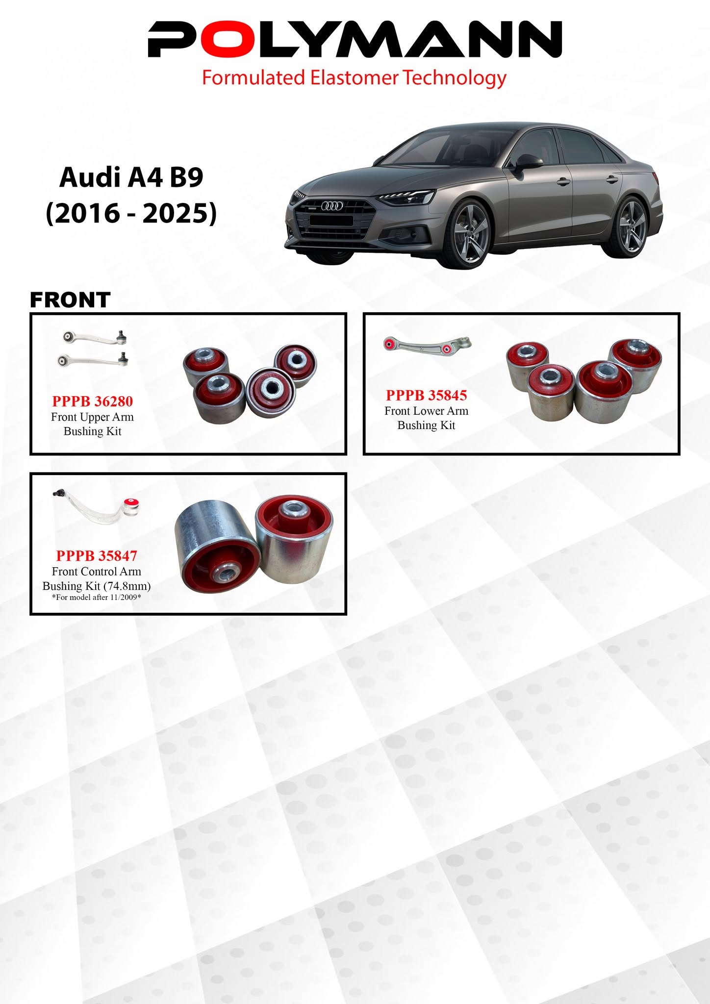 Audi A4 B9 (2016–2025) Polymann Front Suspension Bushing Upgrade — Upper Arm, Lower Arm & Control Arm