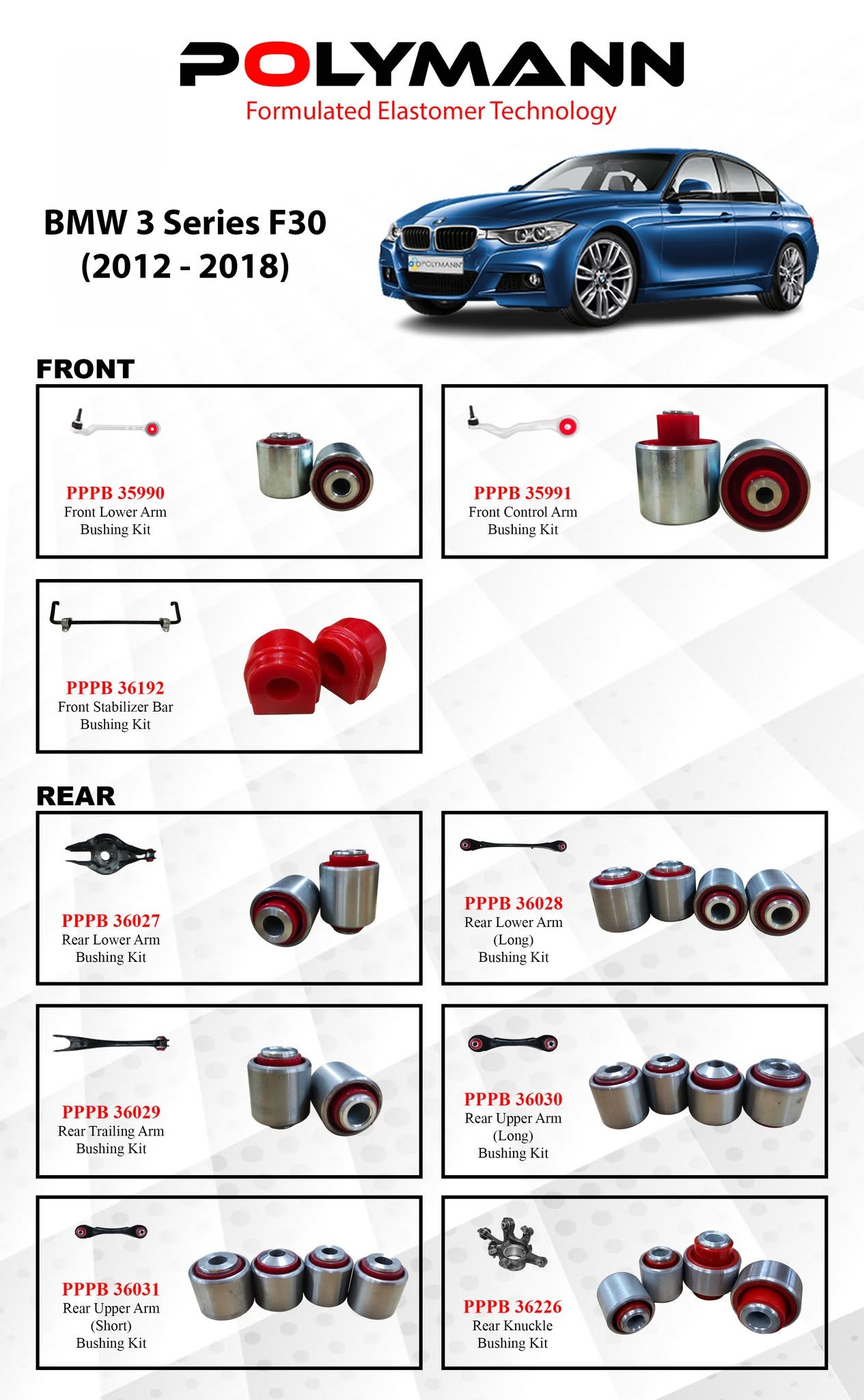 BMW 3 Series F30 (2012–2018) Polymann Bushing Upgrade — 3 Front + 6 Rear Kits Explained