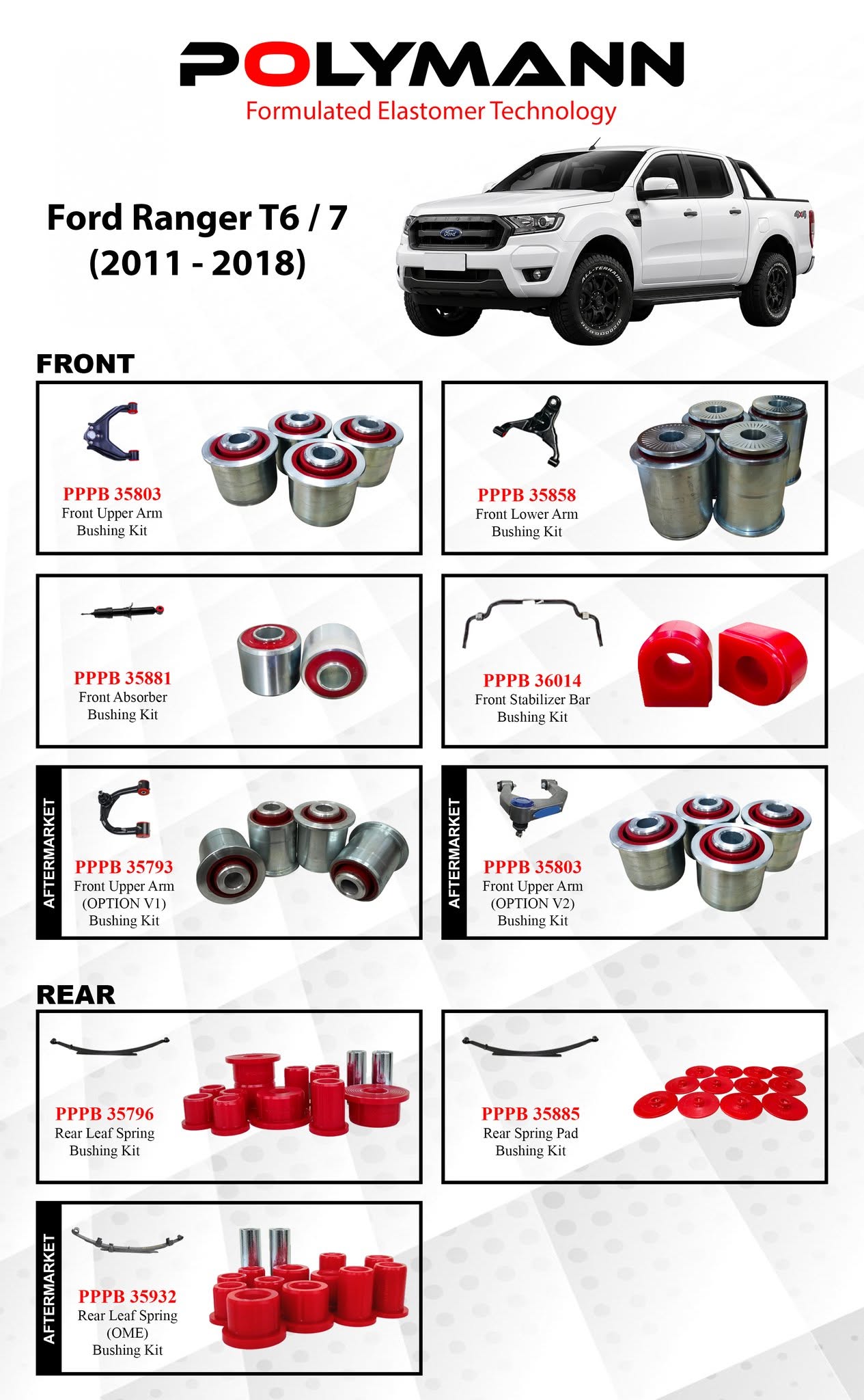 Ford Ranger T6/T7 (2011–2018) Polymann Bushing Upgrade — Front Double Wishbone and Rear Leaf Spring, Fully Covered