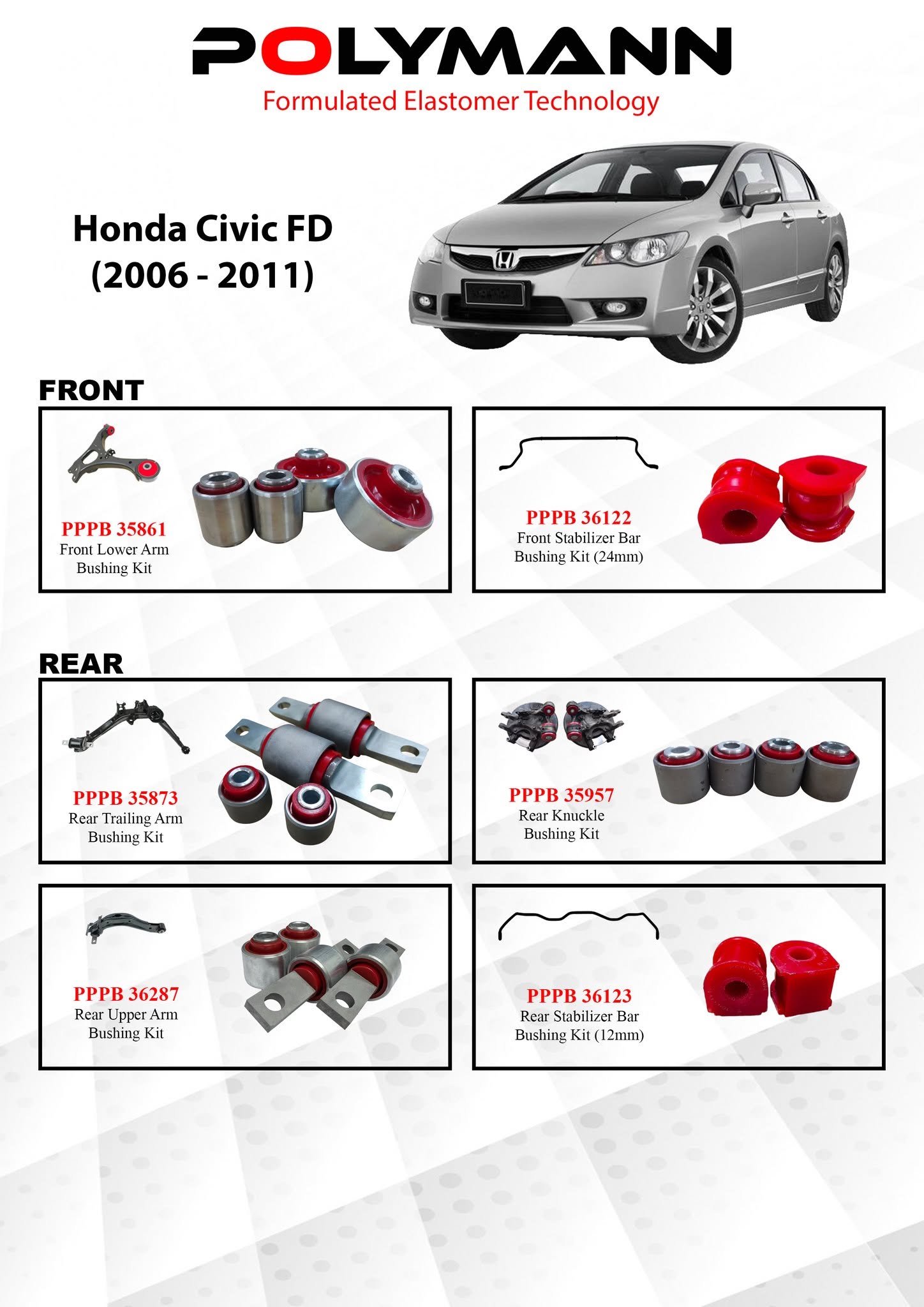 Honda Civic FD (2006–2011) Polymann Bushing Upgrade — 6 Kits for a Complete Front & Rear Refresh
