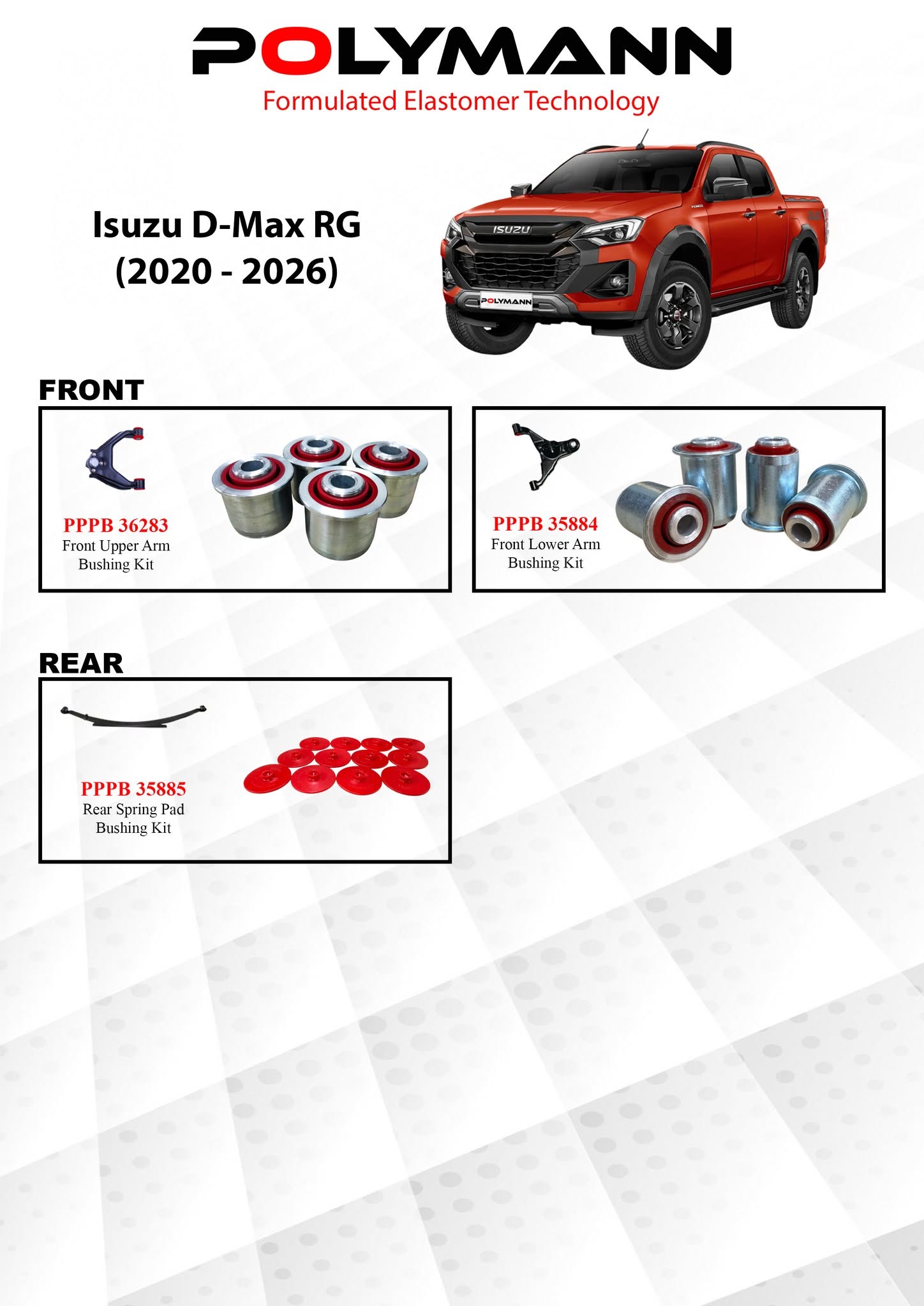 Isuzu D-Max RG (2020–2026) Polymann Bushing Upgrade — Front Upper Arm, Front Lower Arm & Rear Spring Pad
